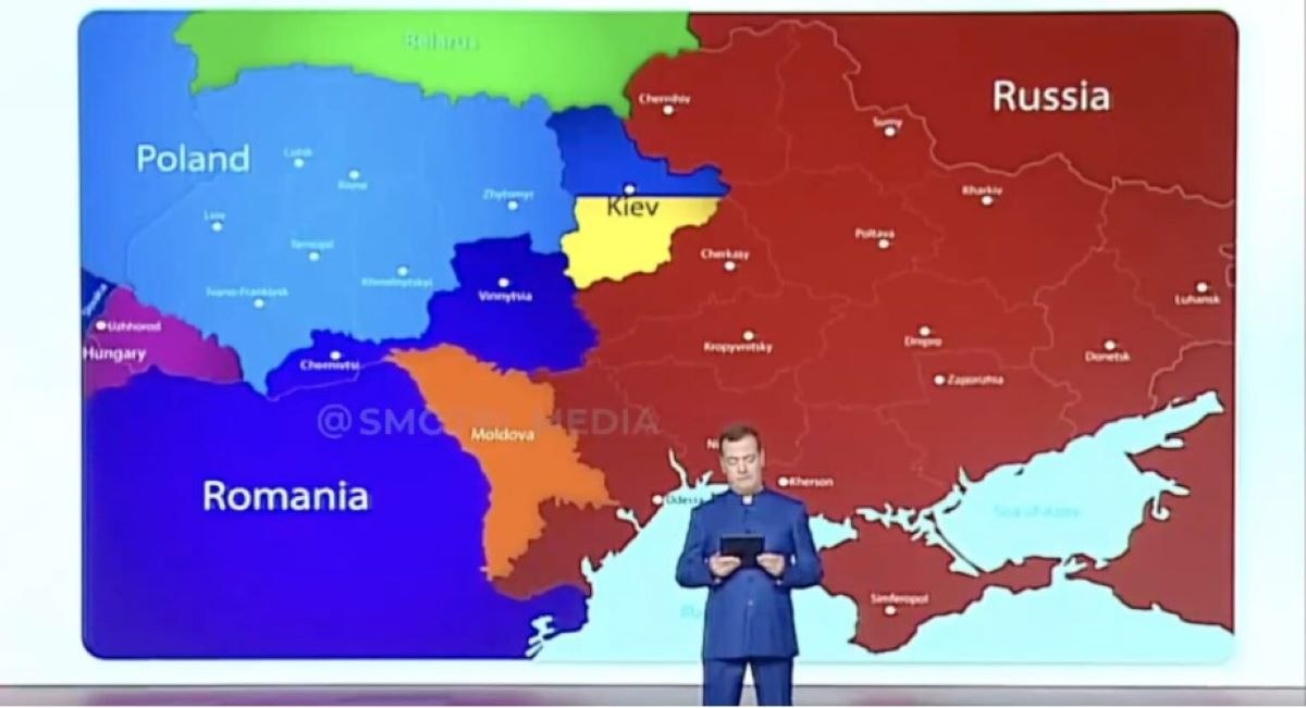 Medvedev a prezentat o hartă în care Ucraina e împărțită între Rusia, Polonia, România și Ungaria: „Părțile istorice ale țării trebuie să revină acasă“ VIDEO